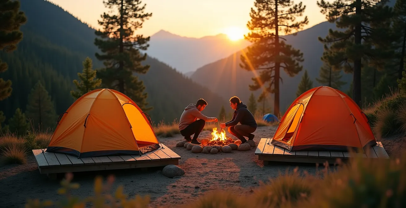 Aire de bivouac aménagée avec tentes colorées au coucher de soleil dans les Hauts de La Réunion