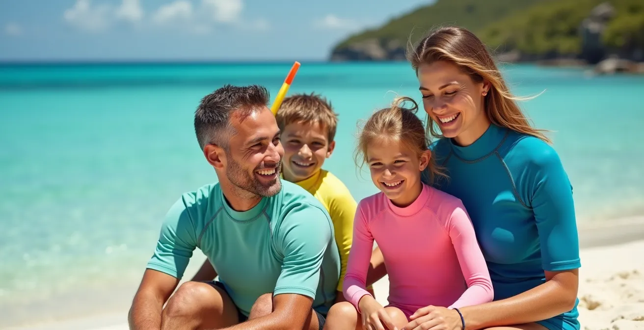 Famille portant des lycras anti-UV colorés sur la plage de l'Ermitage