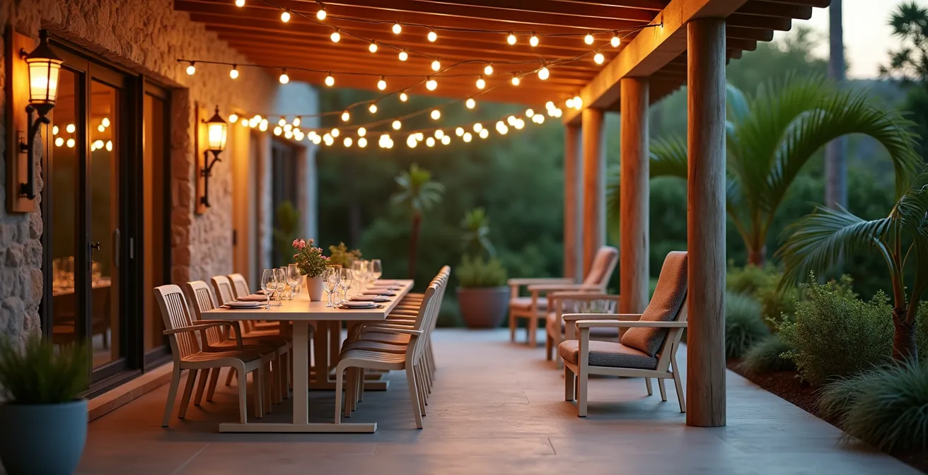 Espace varangue avec mobilier modulable, table extensible et poufs, arrangé pour recevoir des invités dans une ambiance chaleureuse