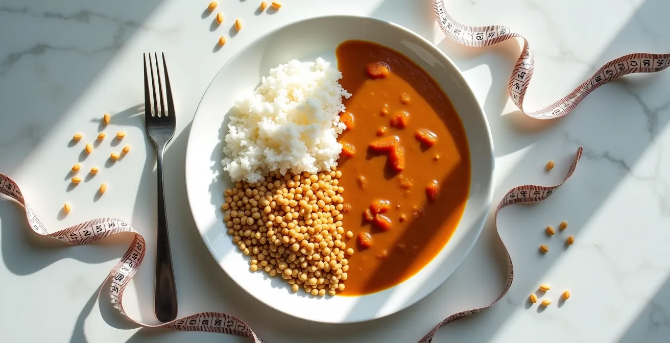 Vue aérienne d'une assiette divisée en portions avec riz, grains et cari