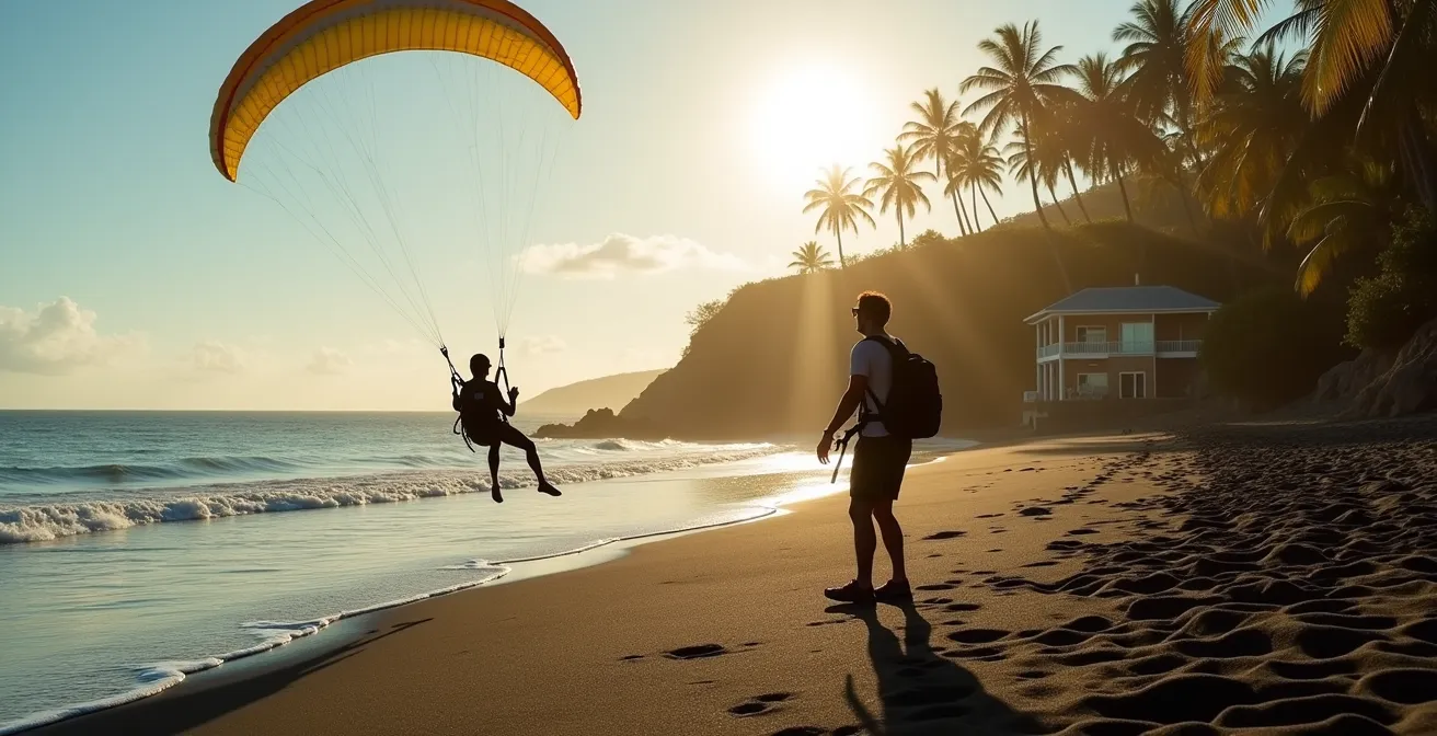 Atterrissage en douceur d'un parapente sur la plage près de Kélonia avec les filaos en arrière-plan