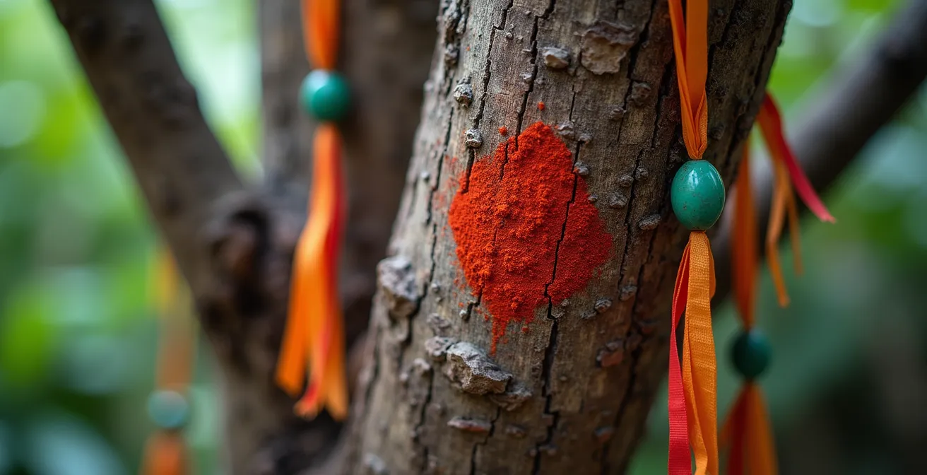 Autel sacré tamoul sous un arbre avec trident et fanions colorés à La Réunion