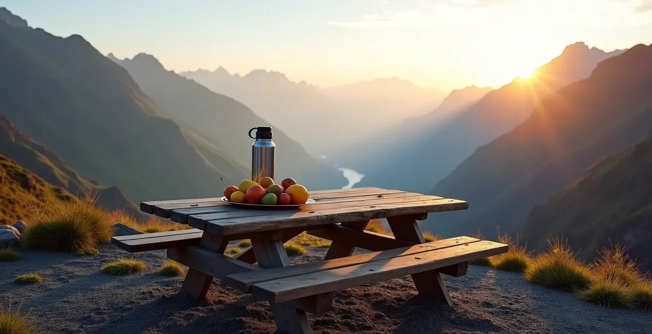 Aire de pique-nique au belvédère du Maïdo avec vue panoramique sur le cirque de Mafate