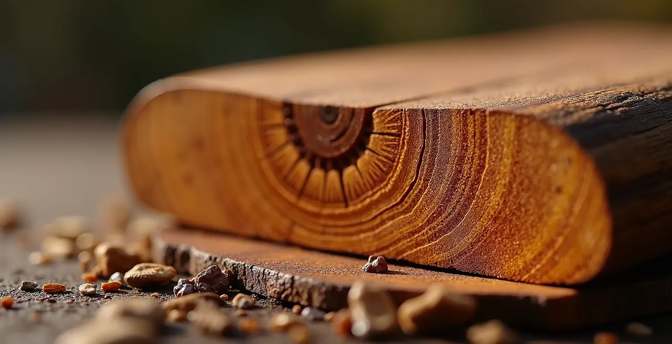 Détail macro de la texture dense du bois de Tamarin des Hauts montrant ses veines serrées naturellement résistantes
