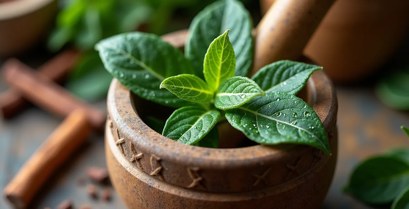 Gros plan macro sur des feuilles de brèdes fraîches avec des gouttes de rosée sur une table en bois
