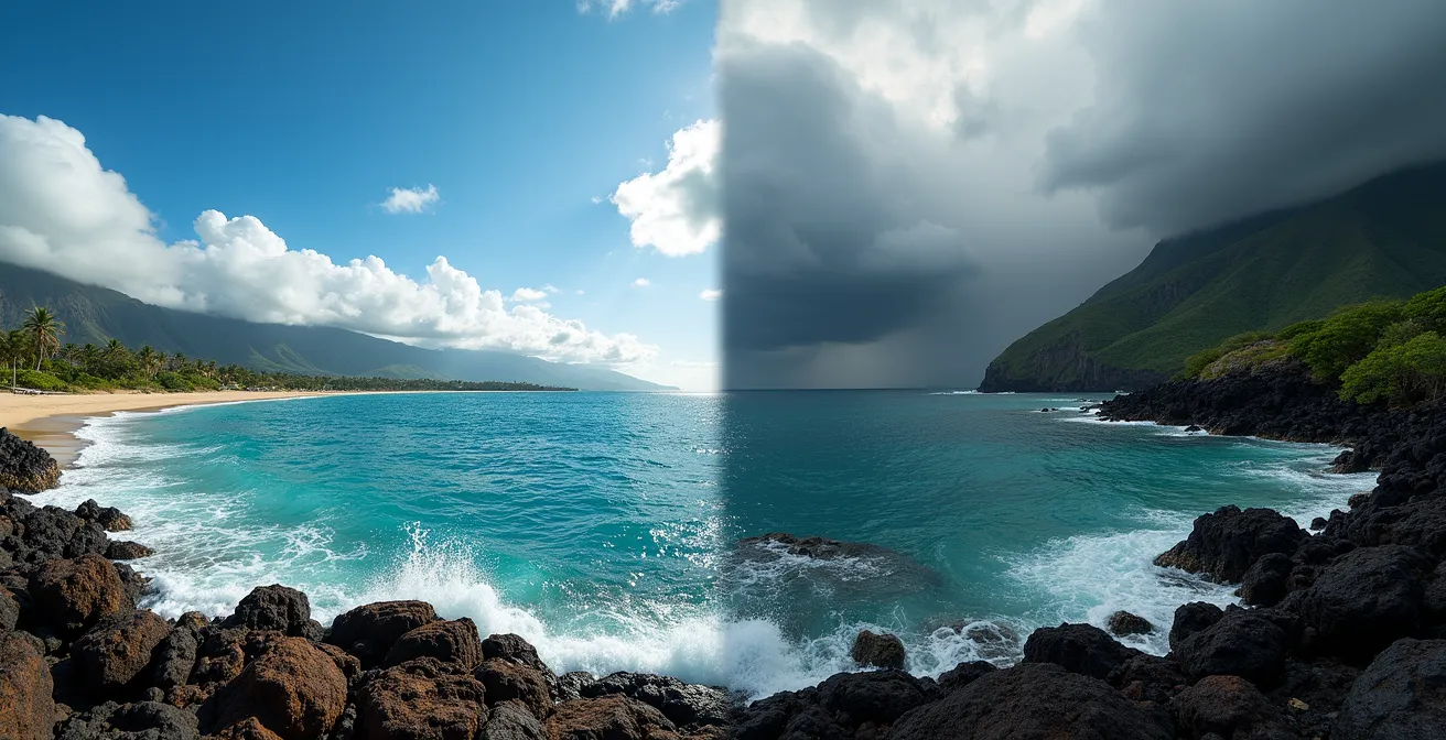 Carte météorologique de La Réunion montrant les variations climatiques entre côte sous le vent et côte au vent