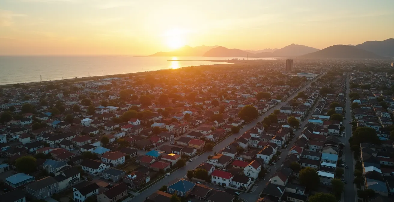 Vue aérienne stylisée de Saint-Pierre montrant les zones de tranquillité comme Terre Sainte et d'agitation près du site du festival