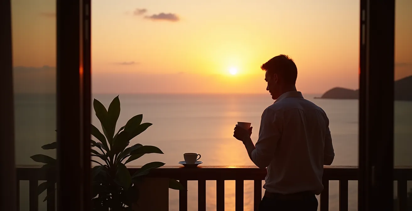 Vue depuis un balcon d'hôtel de luxe à La Réunion donnant sur l'océan Indien au lever du soleil
