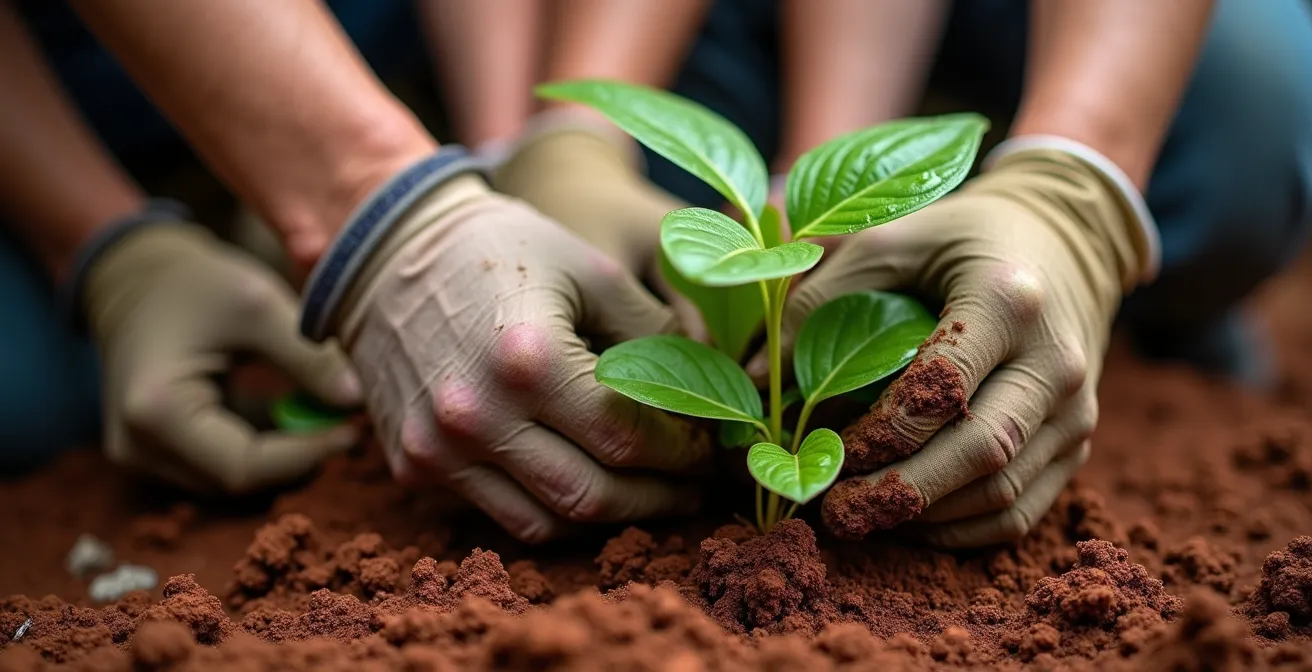 Groupe de volontaires plantant des arbres endémiques lors d'un chantier participatif à La Réunion