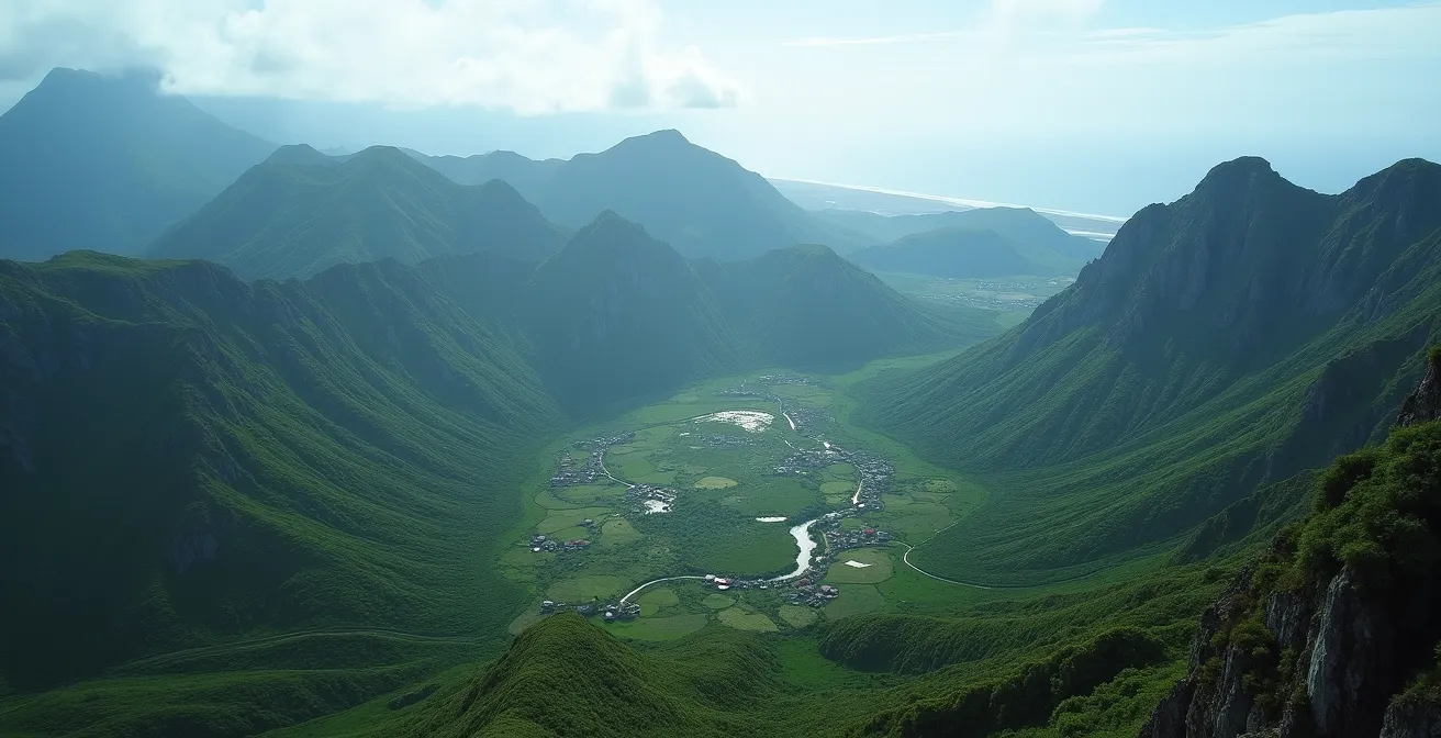 Vue aérienne spectaculaire du cirque de Mafate montrant les remparts abrupts et l'absence totale de routes