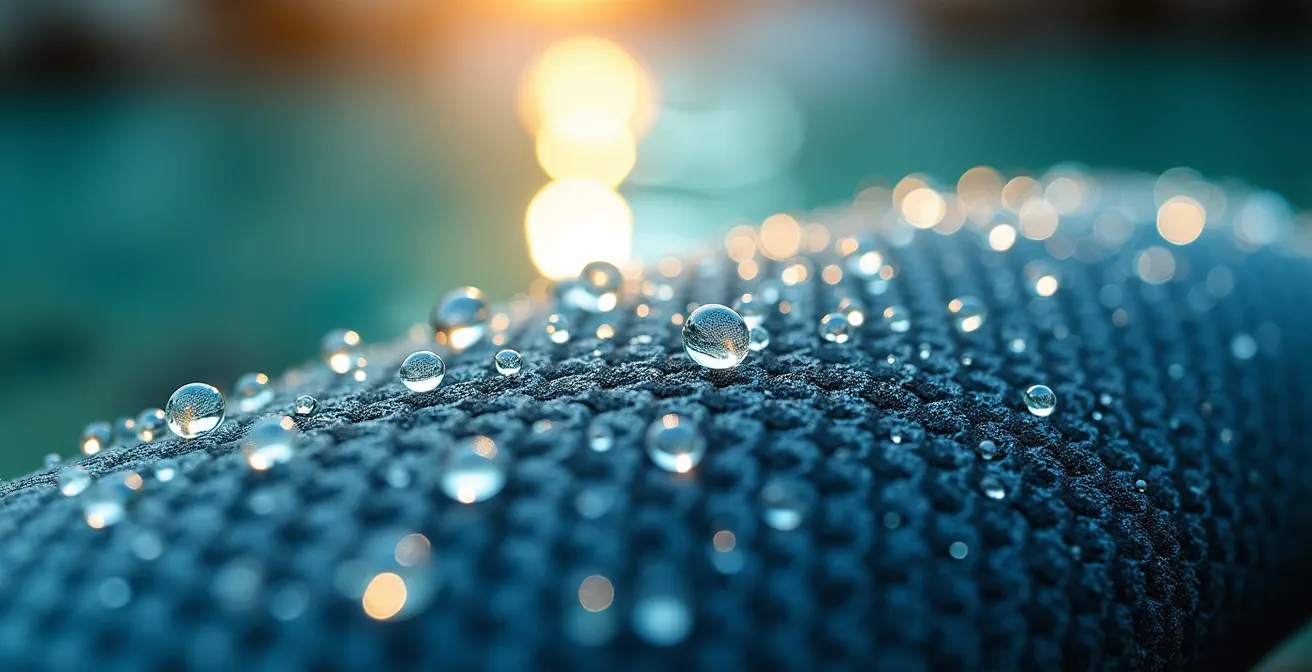 Texture macro de néoprène 5mm avec gouttelettes d'eau cristallines