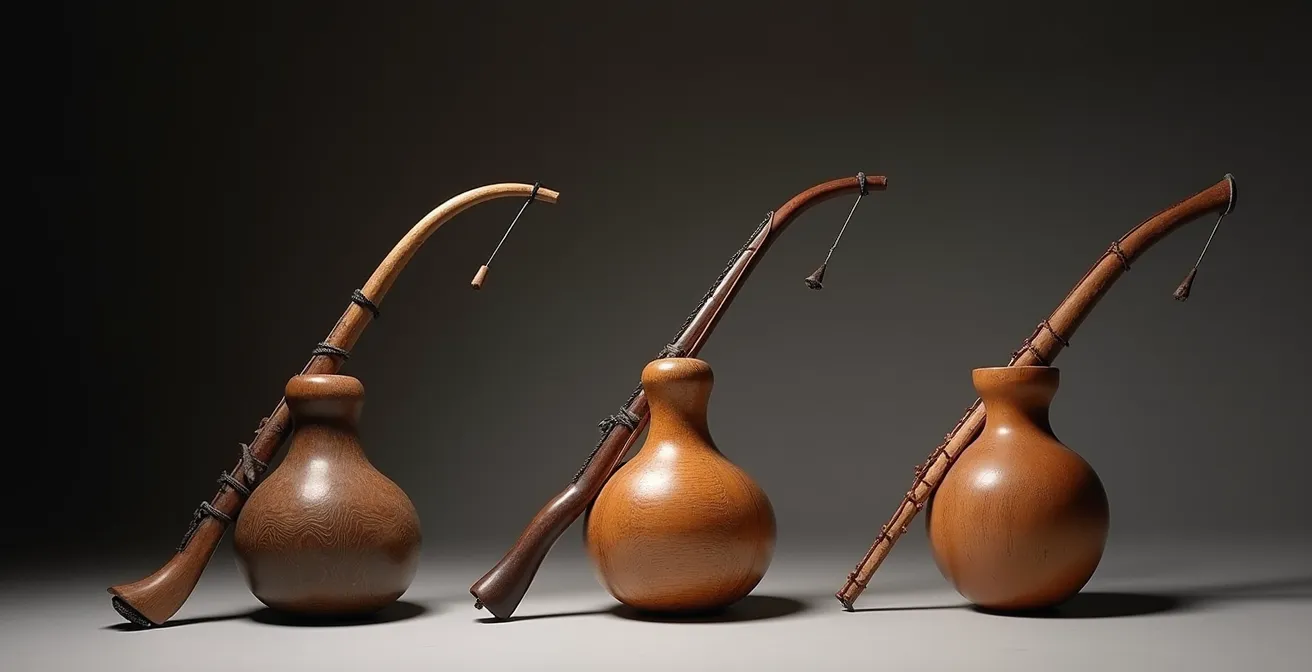 Montage comparatif montrant trois arcs musicaux traditionnels côte à côte avec leurs calebasses distinctes