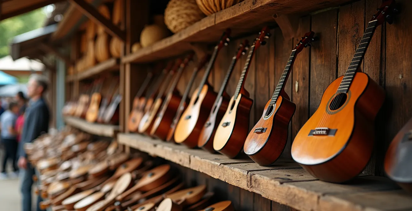Étal de marché artisanal montrant différents kayambs traditionnels avec leurs finitions naturelles