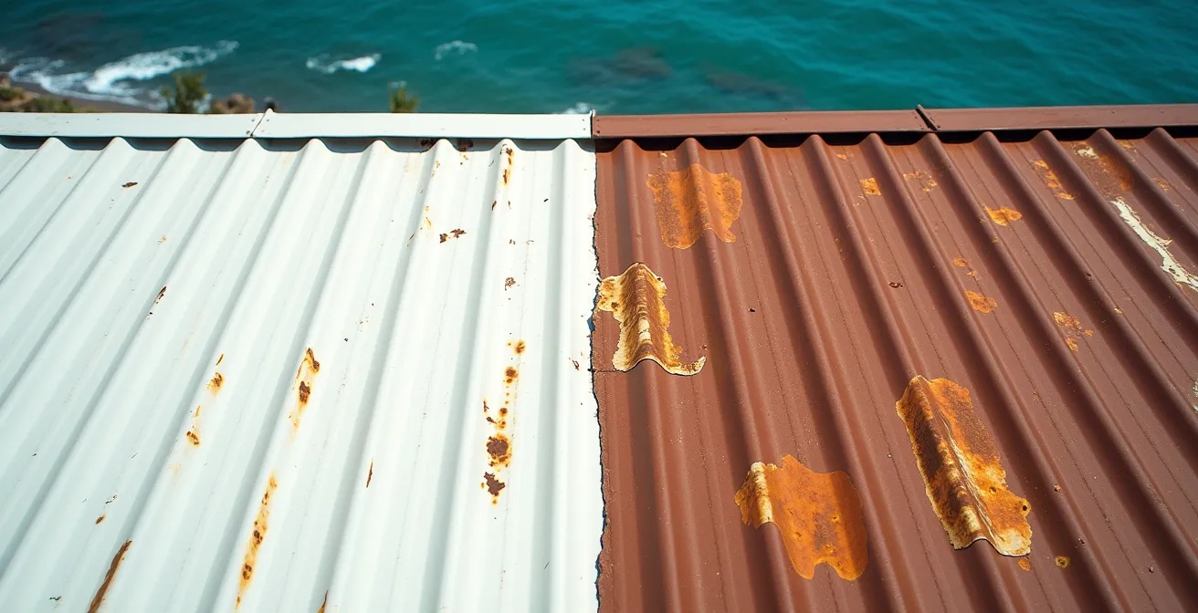 Comparaison visuelle entre une toiture en tôle peinte en blanc réfléchissant et une toiture rouillée sous le soleil tropical de La Réunion