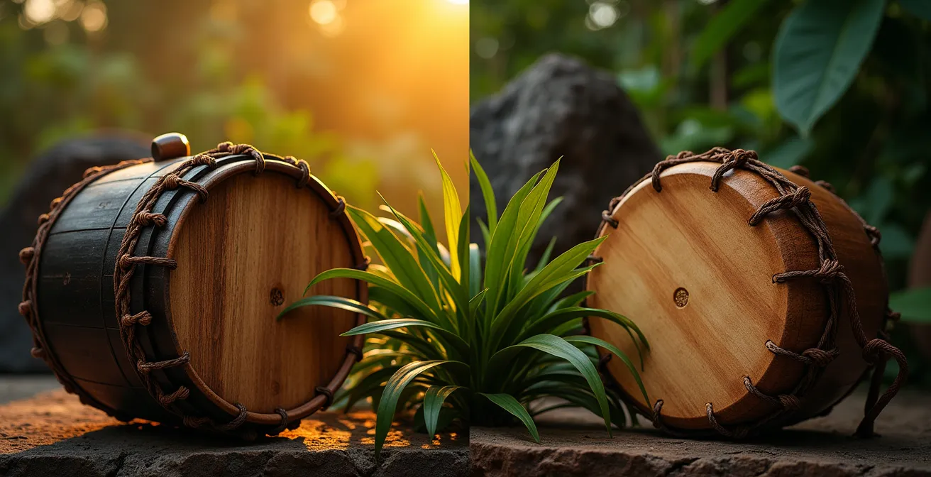 Composition montrant côte à côte un Roulér traditionnel réunionnais et un djembé africain dans un environnement tropical