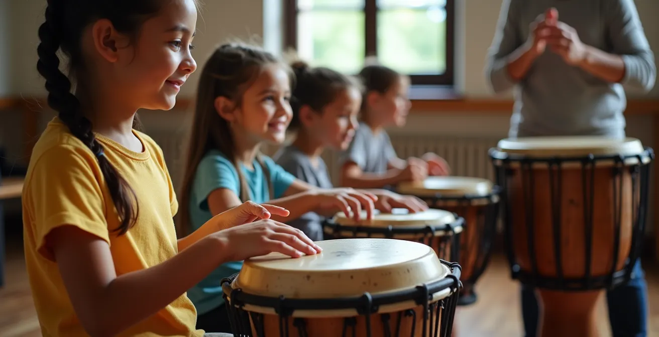 Jeunes musiciens apprenant le maloya au Conservatoire de La Réunion avec instruments traditionnels