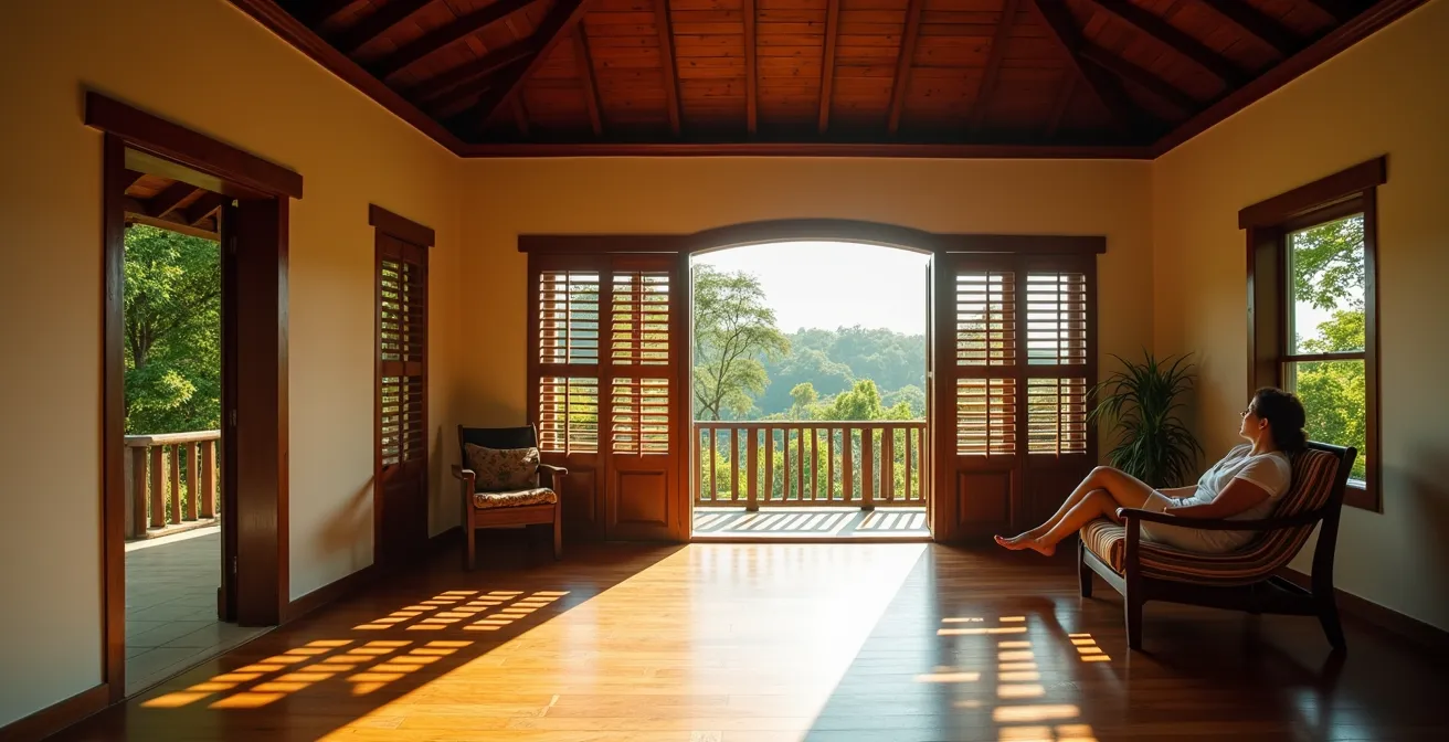 Vue intérieure d'une case créole montrant la circulation d'air naturelle avec les impostes et la hauteur sous plafond