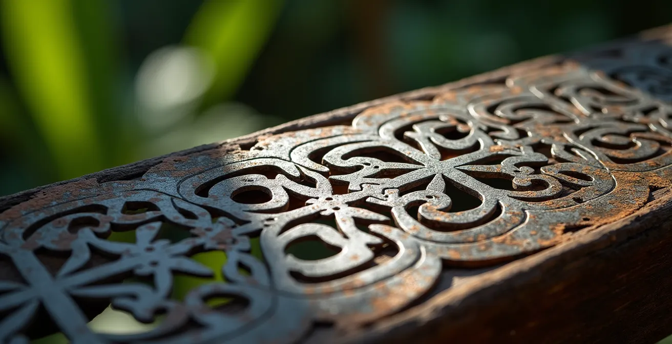 Gros plan sur les motifs découpés d'un lambrequin en tôle avec jeux d'ombres