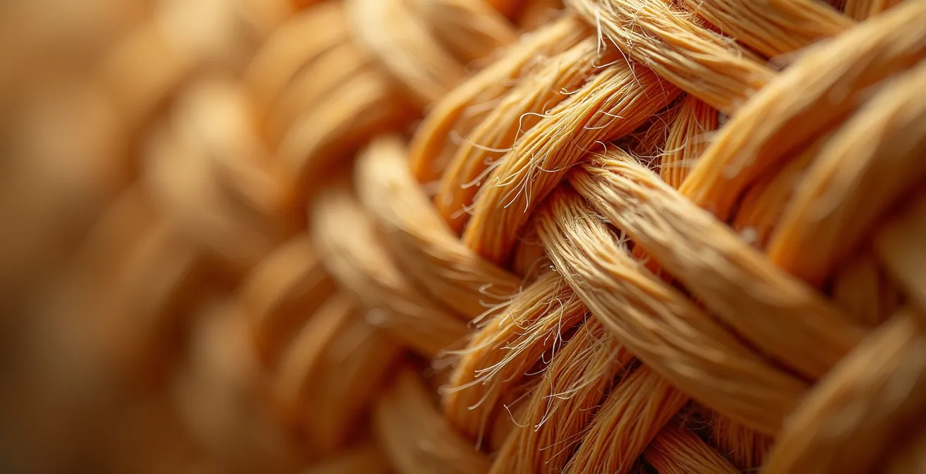 Vue macro détaillée montrant la densité et la qualité du tressage de fibres de vacoa