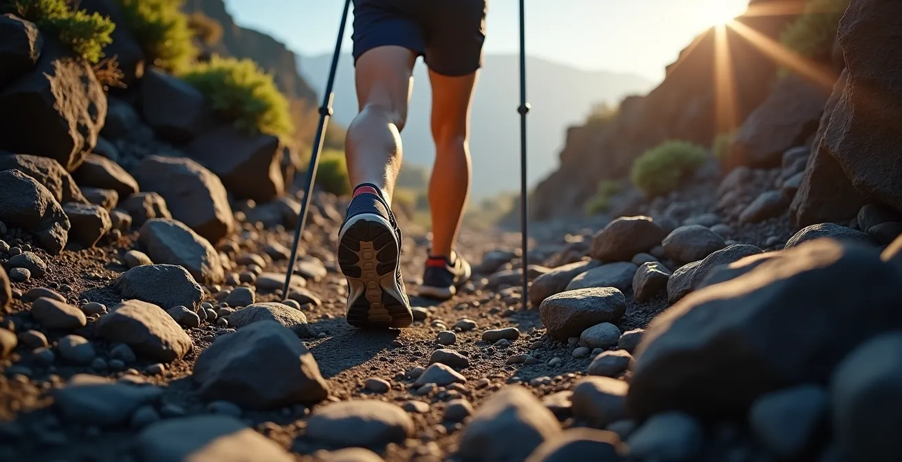Randonneur utilisant des bâtons de marche dans la descente rocheuse du Piton des Neiges