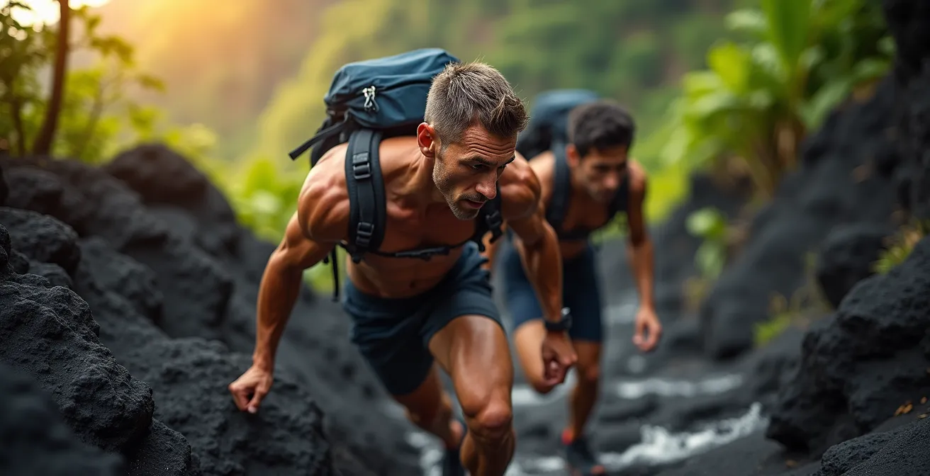Randonneur s'entraînant sur des escaliers naturels en pierre volcanique, montrant l'effort physique requis.
