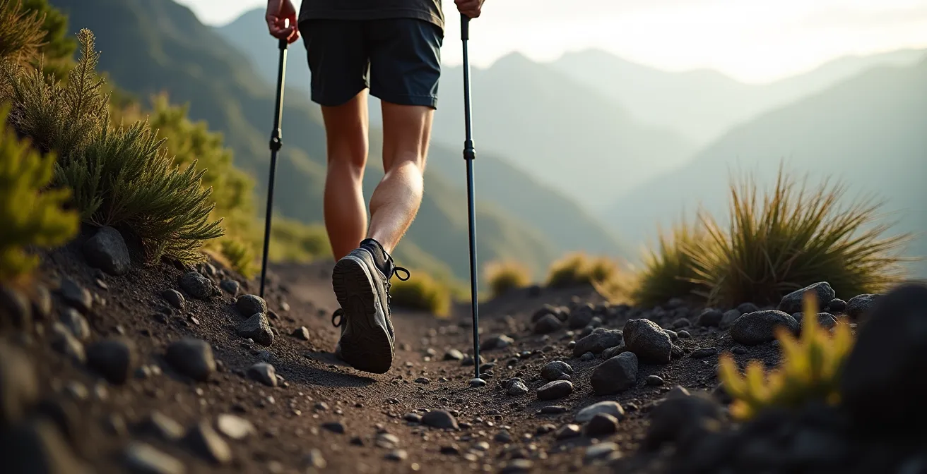 Randonneur en plein effort sur sentier volcanique de La Réunion avec vue sur les montagnes