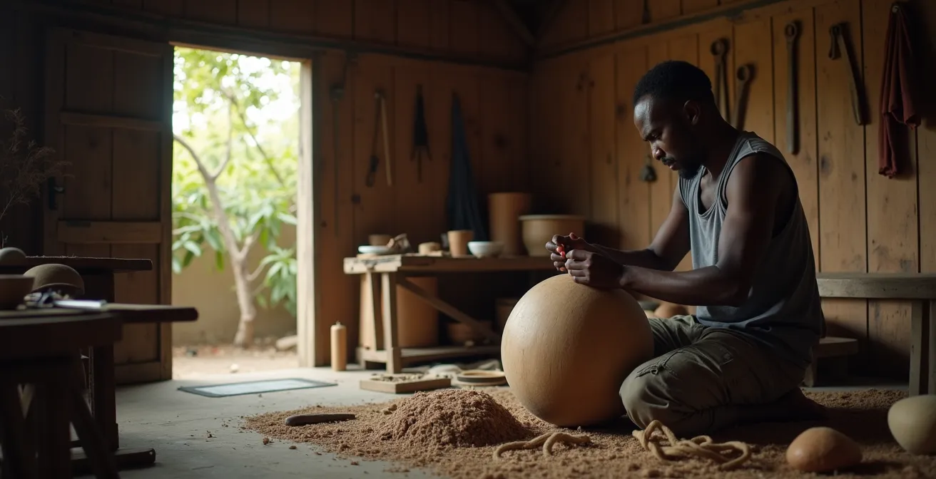 Artisan réunionnais ajustant les cordes de tension d'un Roulér dans un atelier traditionnel