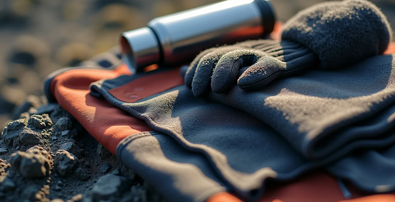 Équipement de randonnée en montagne disposé sur roche volcanique avec système des trois couches