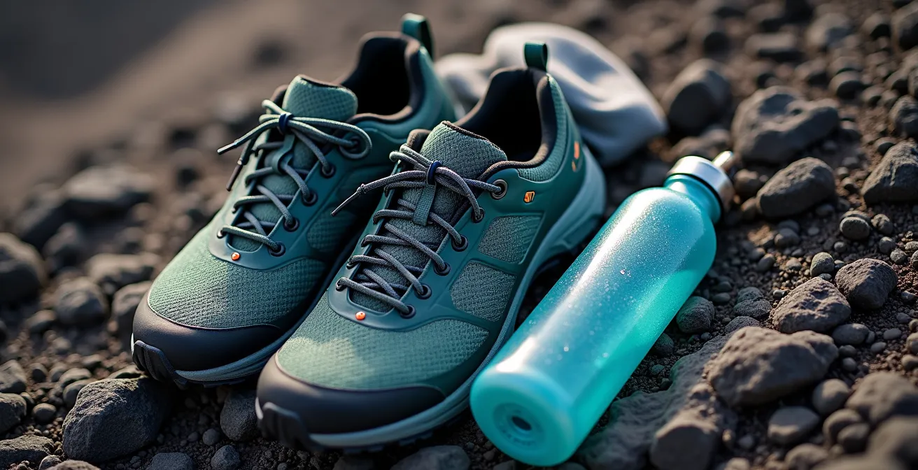 Équipement de randonnée disposé sur la roche volcanique du Piton de la Fournaise avec vue sur les cratères