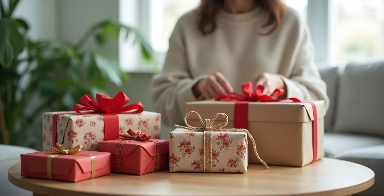 Table basse avec cadeaux emballés dans différents styles culturels et mains préparant des paquets