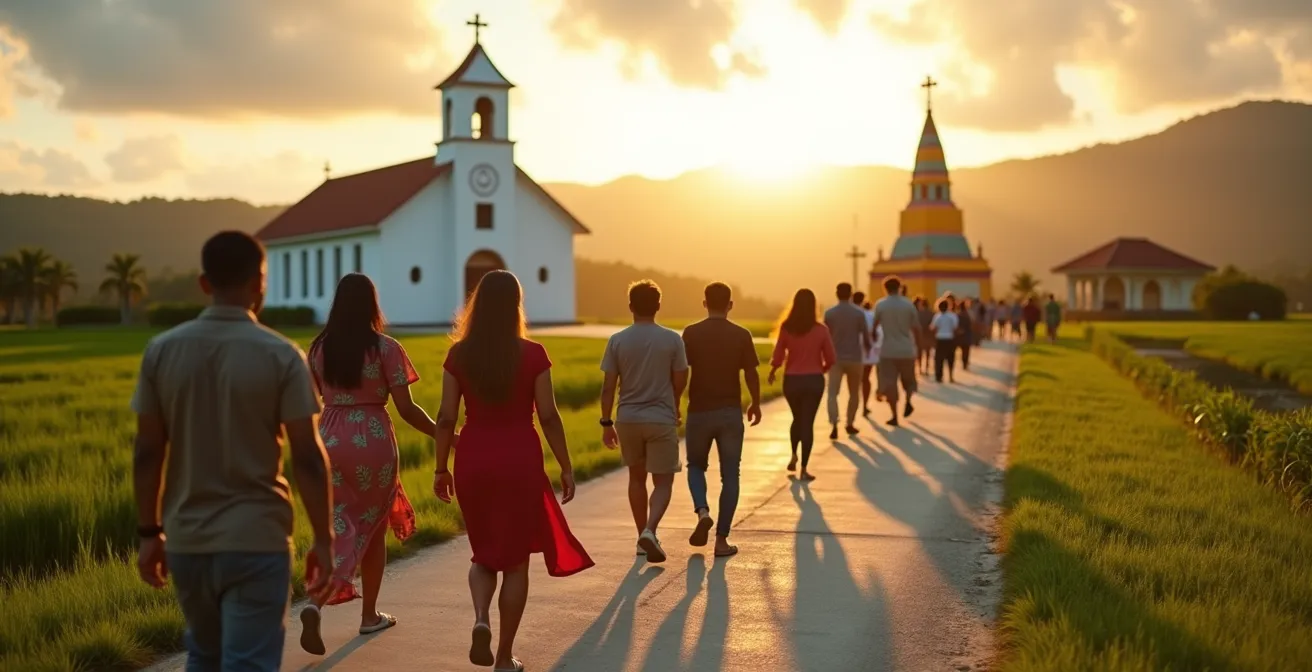 Groupe de Réunionnais sortant d'une église créole et se dirigeant vers un temple tamoul visible au loin