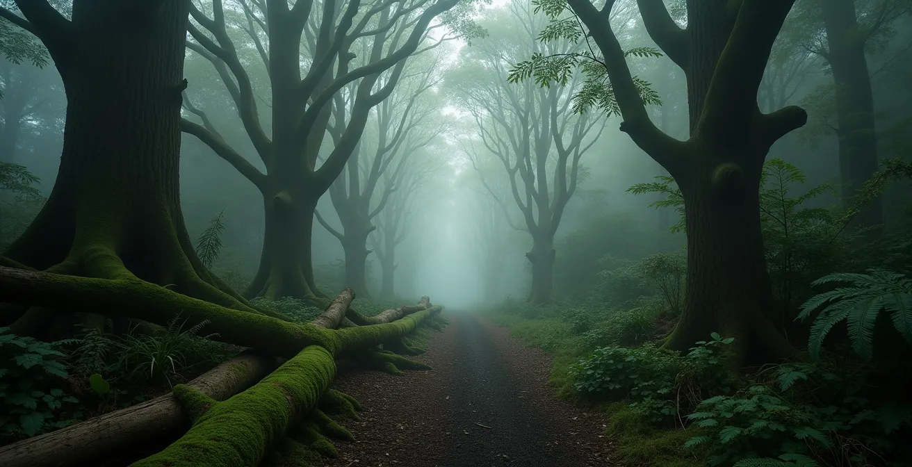 Forêt primaire de Bélouve dans la brume matinale avec ses fougères arborescentes géantes