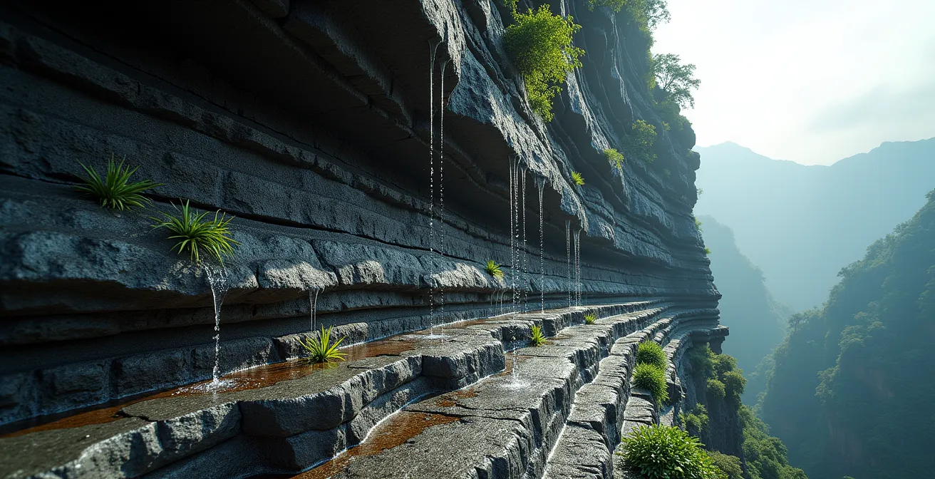 Coupe géologique montrant la formation des cirques par érosion du volcan