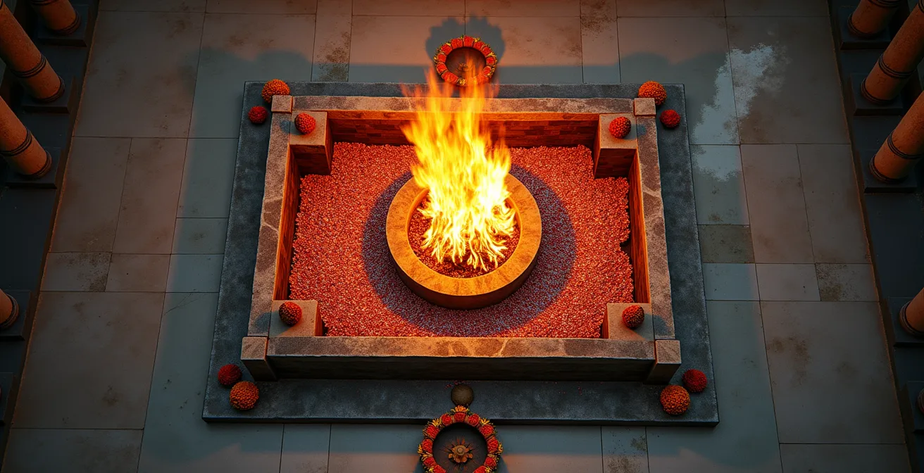 Vue aérienne du carré de feu avec le tikouli et le palkouli lors d'une cérémonie tamoule