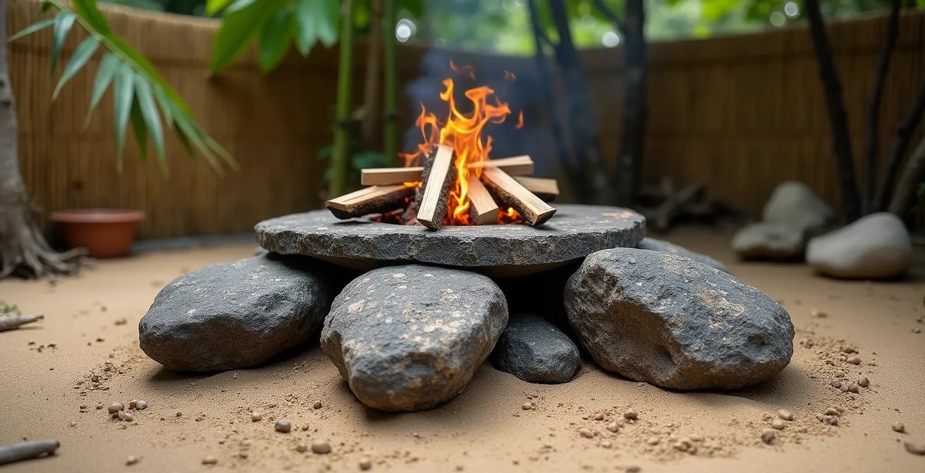 Foyer en pierres volcaniques avec marmite posée sur trois pieds dans un jardin tropical