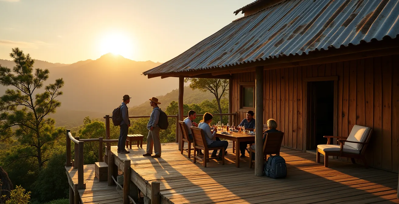 Gîte typique créole avec terrasse en bois dans l'îlet de La Nouvelle, entouré de végétation tropicale