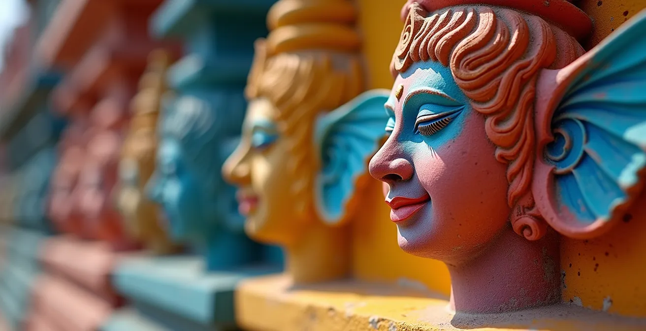 Détail des sculptures colorées d'un gopuram fraîchement repeint avec ses couleurs symboliques bleues, rouges et jaunes
