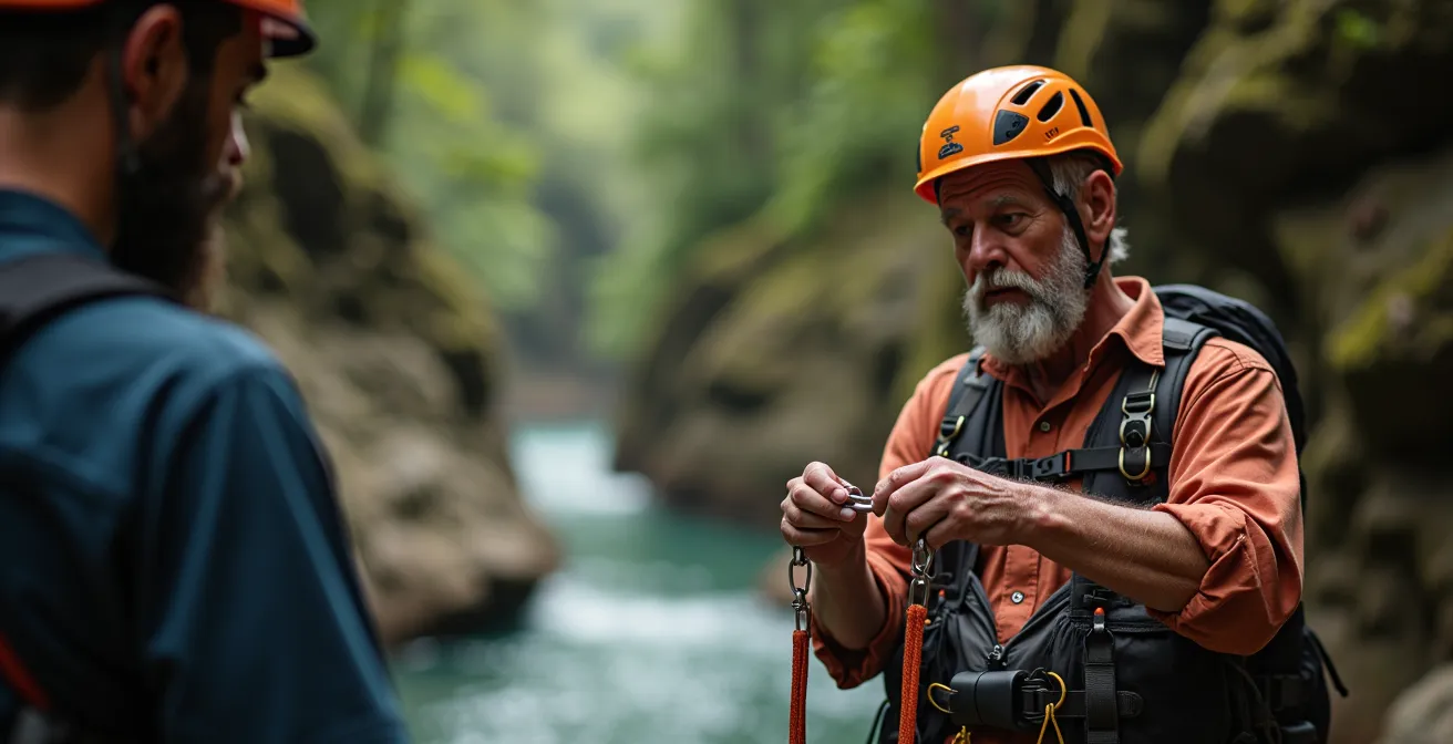 Guide professionnel de canyoning vérifiant l'équipement de sécurité avant la descente