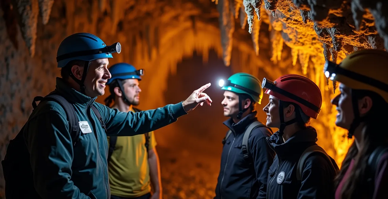 Guide professionnel expliquant les formations volcaniques à un petit groupe dans un tunnel de lave
