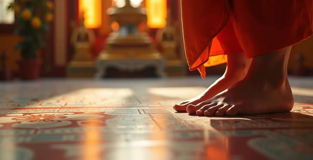 Intérieur d'un temple tamoul avec fidèles en prière respectant les traditions