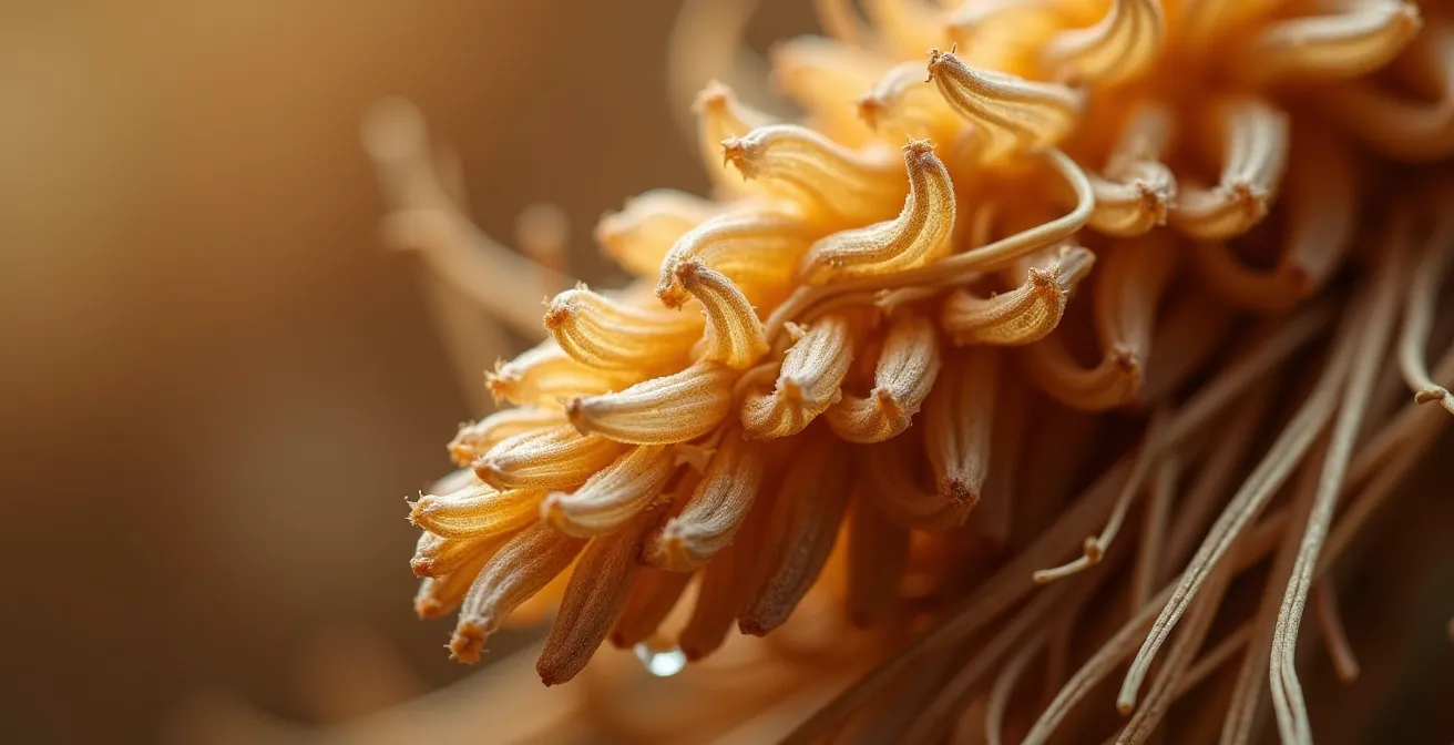 Vue macro des graines de conflore à l'intérieur des tiges de canne du kayamb