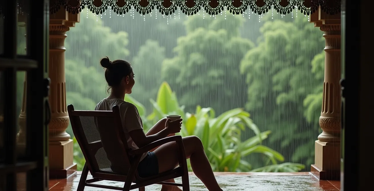 Vue latérale d'une varangue protégée par un lambrequin lors d'une averse tropicale, montrant l'écoulement de l'eau