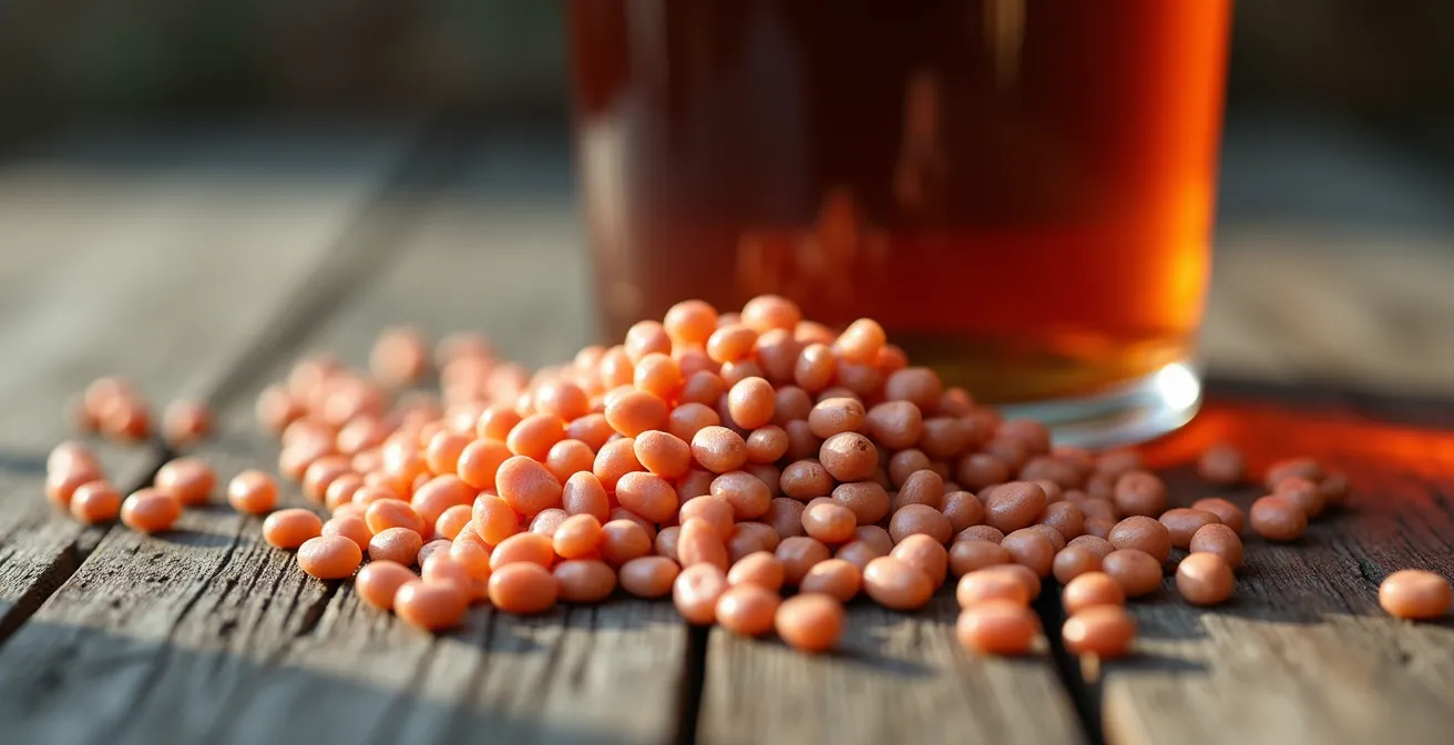 Nature morte avec lentilles de Cilaos et bouteille de vin local sur table en bois créole