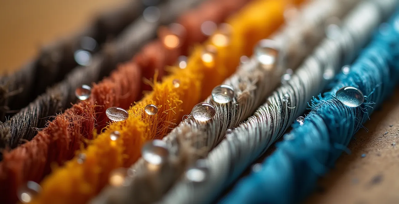Vue macro détaillée de différentes cordes de Bobre montrant les textures des fibres végétales et synthétiques
