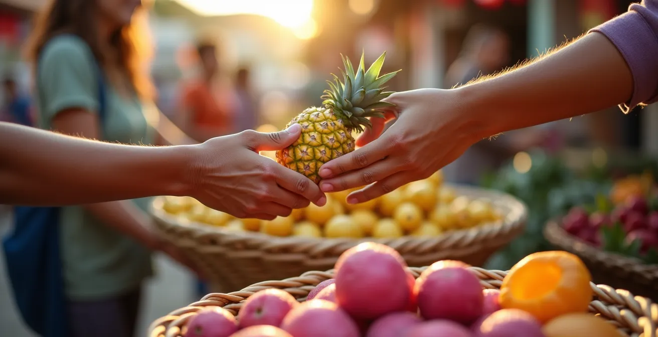 Marché forain de Saint-Paul avec producteurs locaux de fruits tropicaux