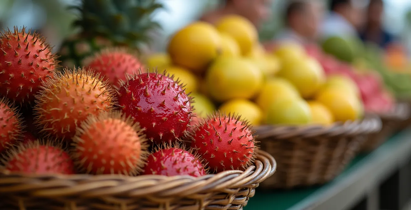 Étal coloré de fruits tropicaux et légumes au marché de Saint-Paul