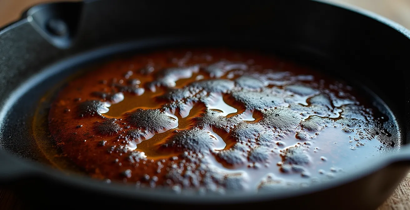 Gros plan sur la patine noire brillante d'une marmite en fonte centenaire