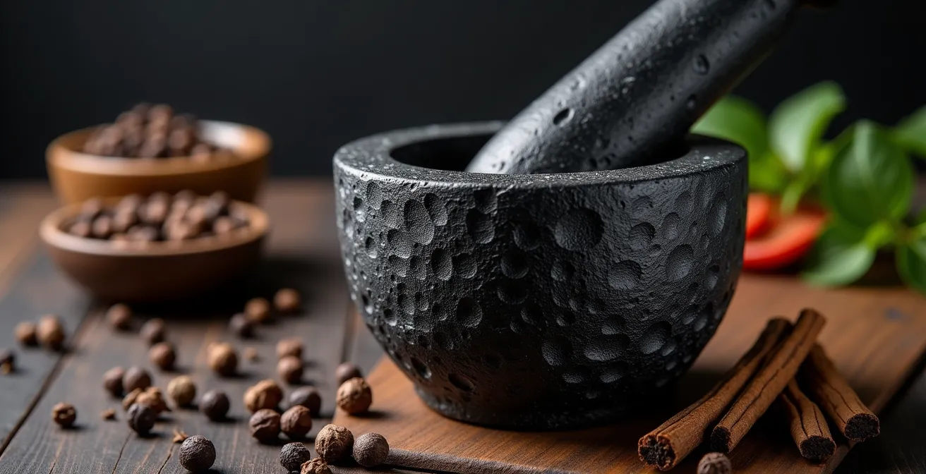 Mortier et pilon traditionnels en pierre de lave basaltique de La Réunion