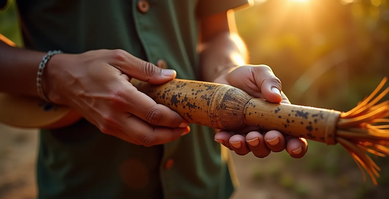 Mains de musicien tenant un kayamb en mouvement avec graines en suspension