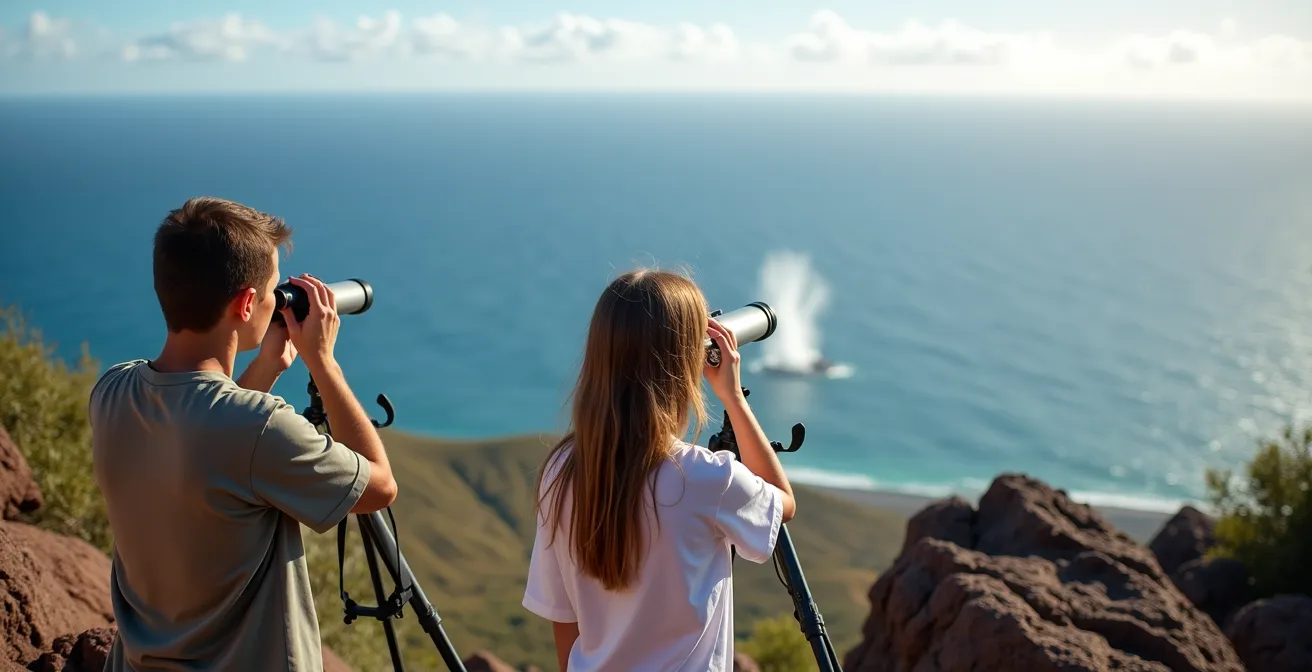 Observateurs avec jumelles au Cap La Houssaye scrutant l'océan pour apercevoir les baleines